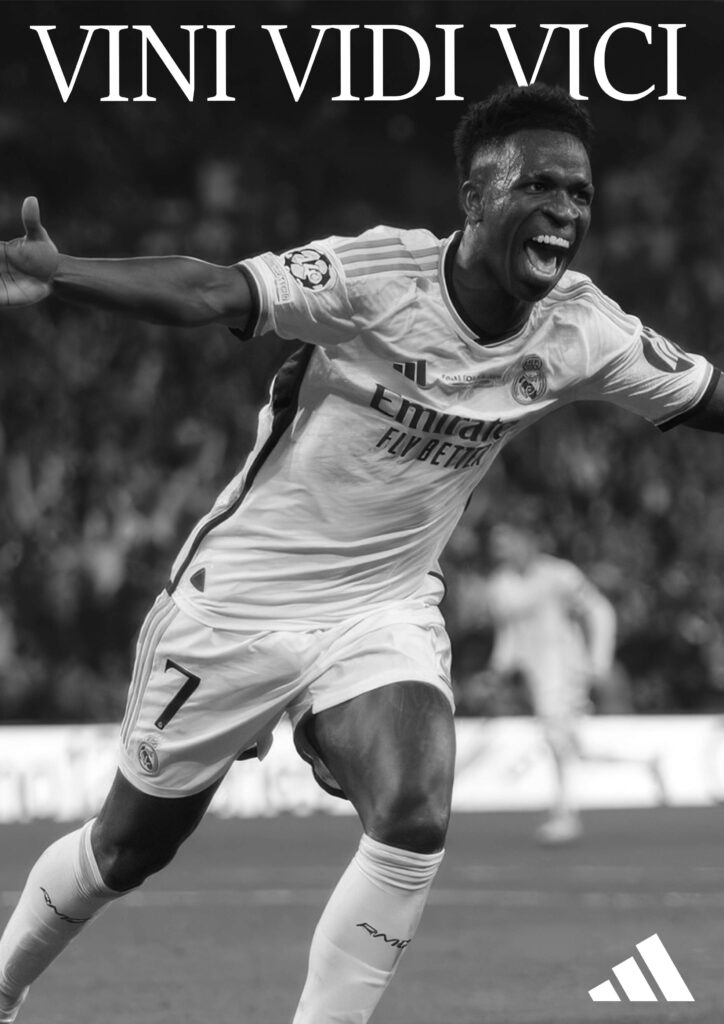Affiche publicitaire Adidas présentant Vinicius Jr durant la finale de Ligue des Champions 2024