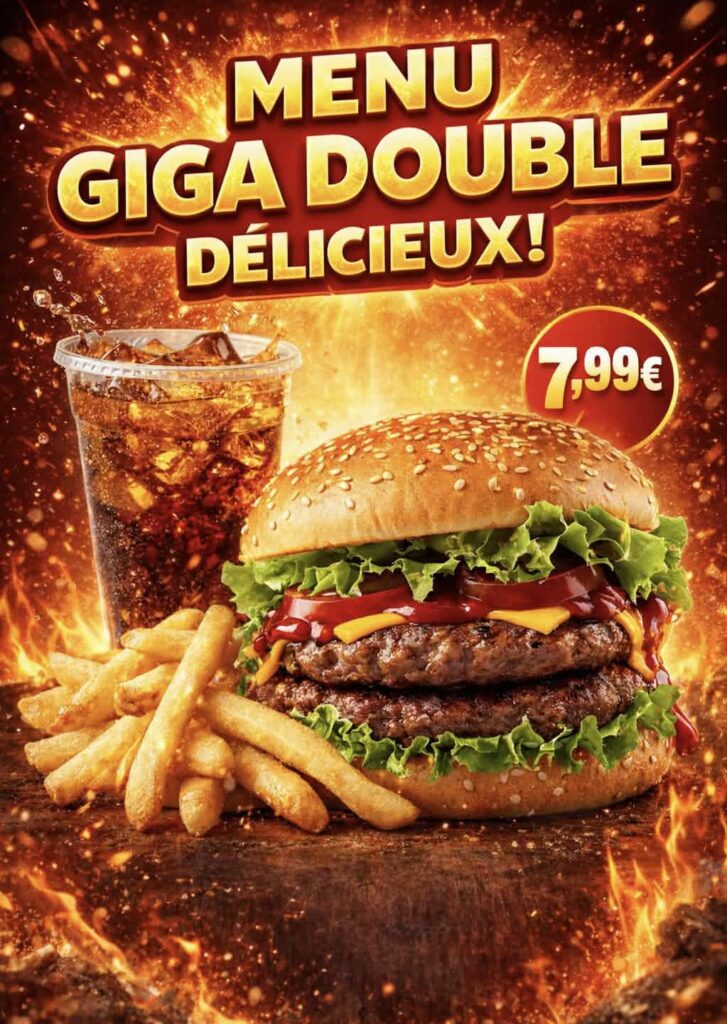 Affiche d'un menu bruger frites avec boisson à 7€99